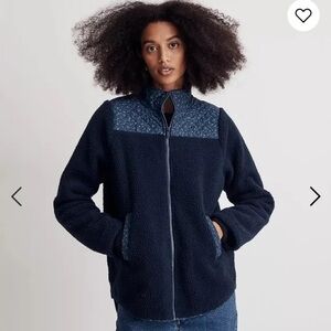 Madewell Navy Sherpa Zip Front Jacket with floral details